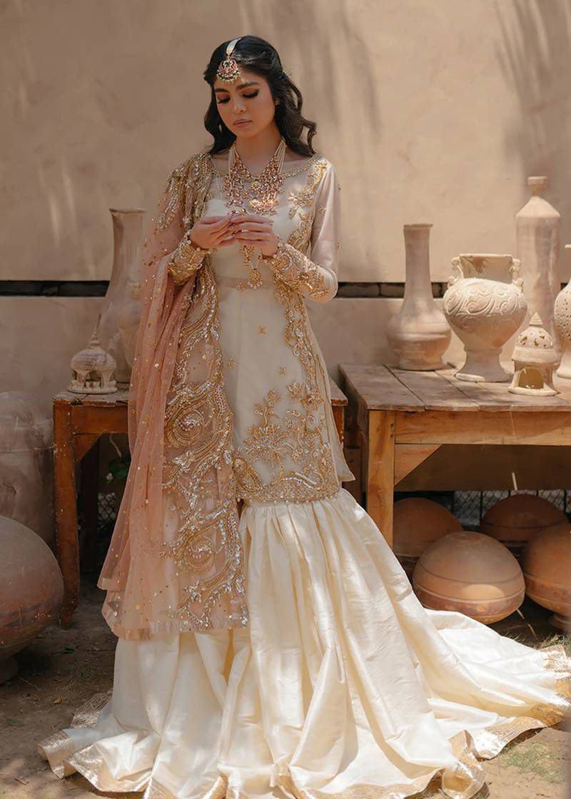 Nameera Wedding Wear Full Organza 3-Piece Unstitched Suit with Thread, Pearls, Sequence and Adda Work, Net Dupatta and Silk Trouser – Ivory (view 3)