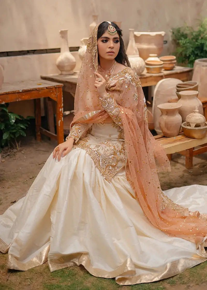 Nameera Wedding Wear Full Organza 3-Piece Unstitched Suit with Thread, Pearls, Sequence and Adda Work, Net Dupatta and Silk Trouser – Ivory (view 4)