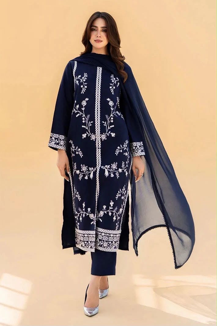 Embroidered 3-Piece Unstitched Suit with Dupatta & Embroidered Floral Vines – Navy Blue