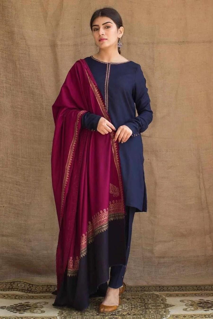 Navy Blue 3-Piece Unstitched Suit with Magenta Gold-Bordered Shawl