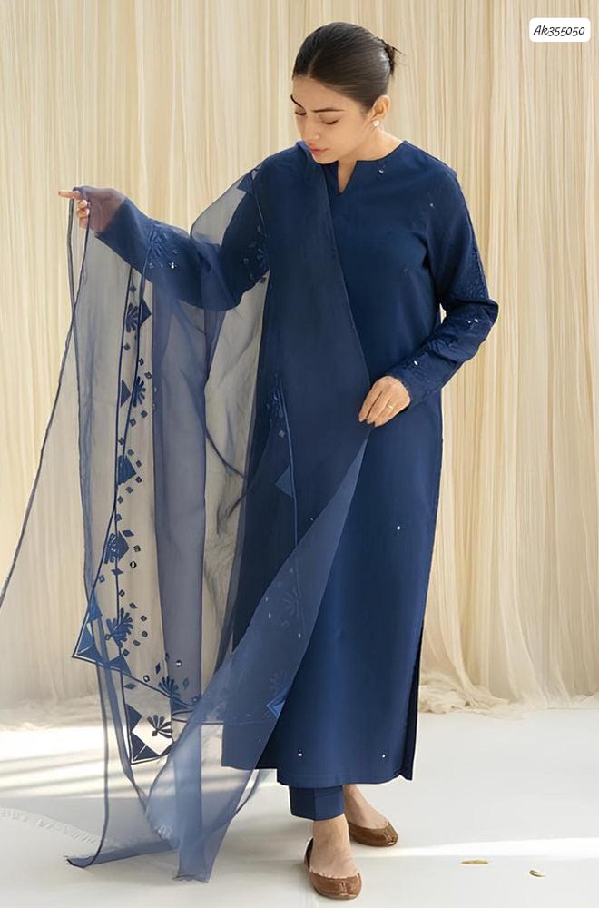 Mirror Work 3-Piece Unstitched Suit with Organza Applique Dupatta – Navy Blue