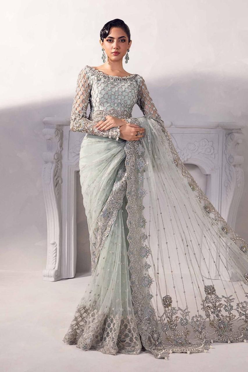 Embroidered Net Saree with Sequence & Pulse Work and Silk Trouser – Ice Blue