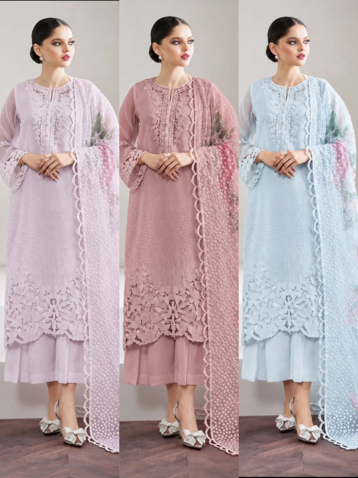 Organza Heavy Embroidered Cutwork 3-Piece Unstitched Suit with Digital Printed Organza Dupatta and Silk Trouser – Lilac, Dusty Pink & Powder Blue