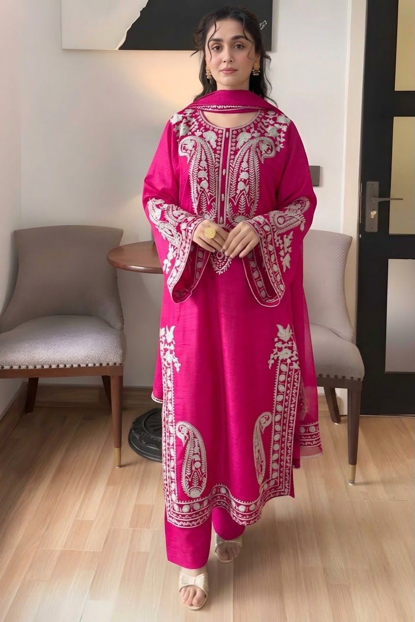 Paisley Embroidered 3-Piece Unstitched Suit with Bell Sleeves & Dupatta – Fuchsia, Coral, Maroon & Plum