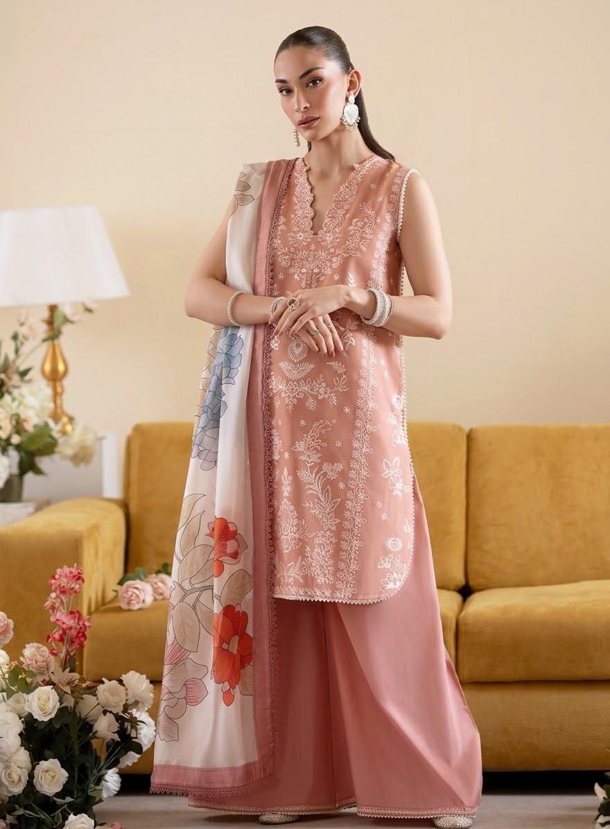 Embroidered 3-Piece Unstitched Suit with Digital Printed Floral Dupatta – Peach Pink