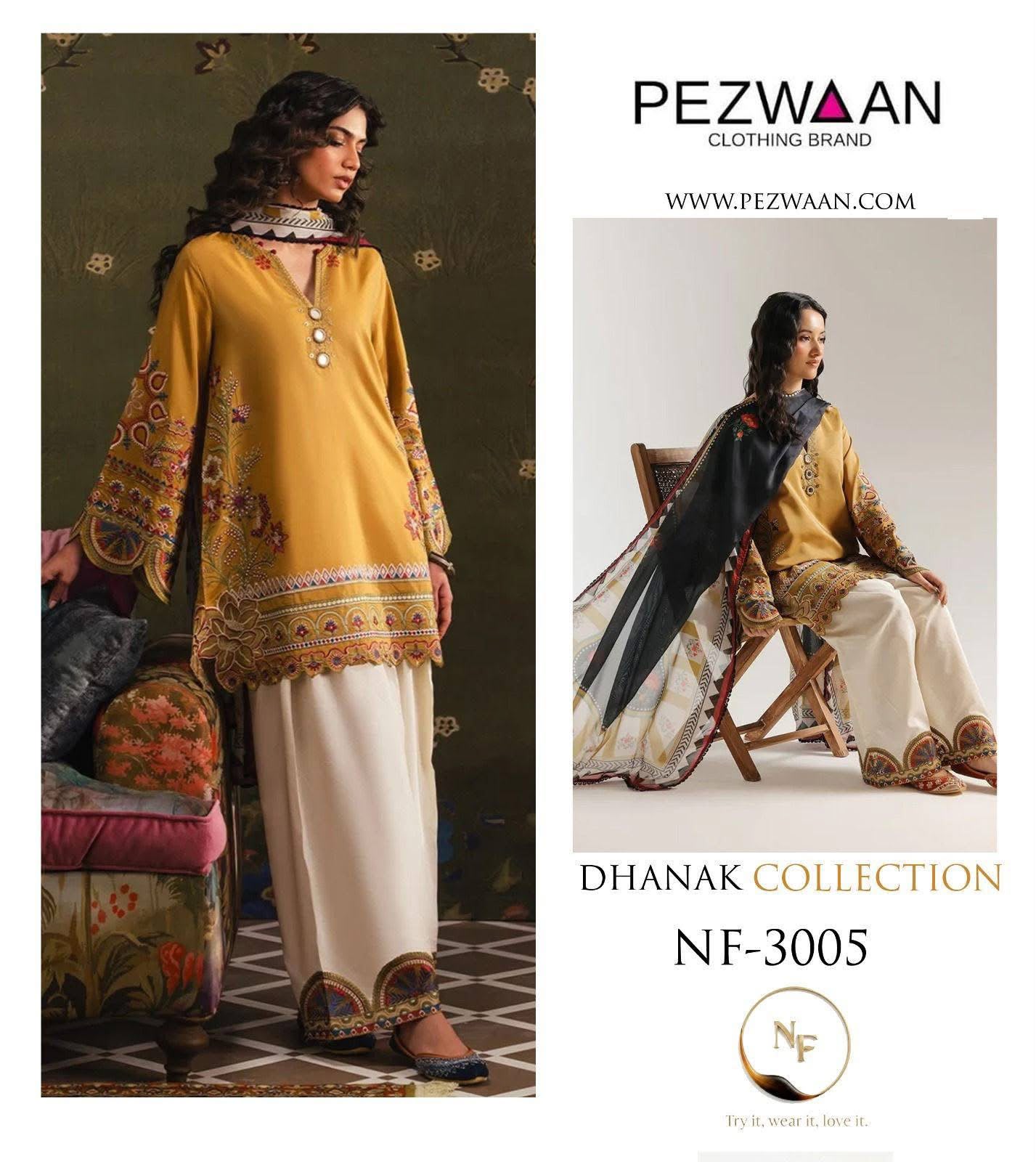 Pezwan Dhanak 3-Piece Heavy Embroidered Unstitched Suit with Printed Woolen Shawl – Mustard Yellow