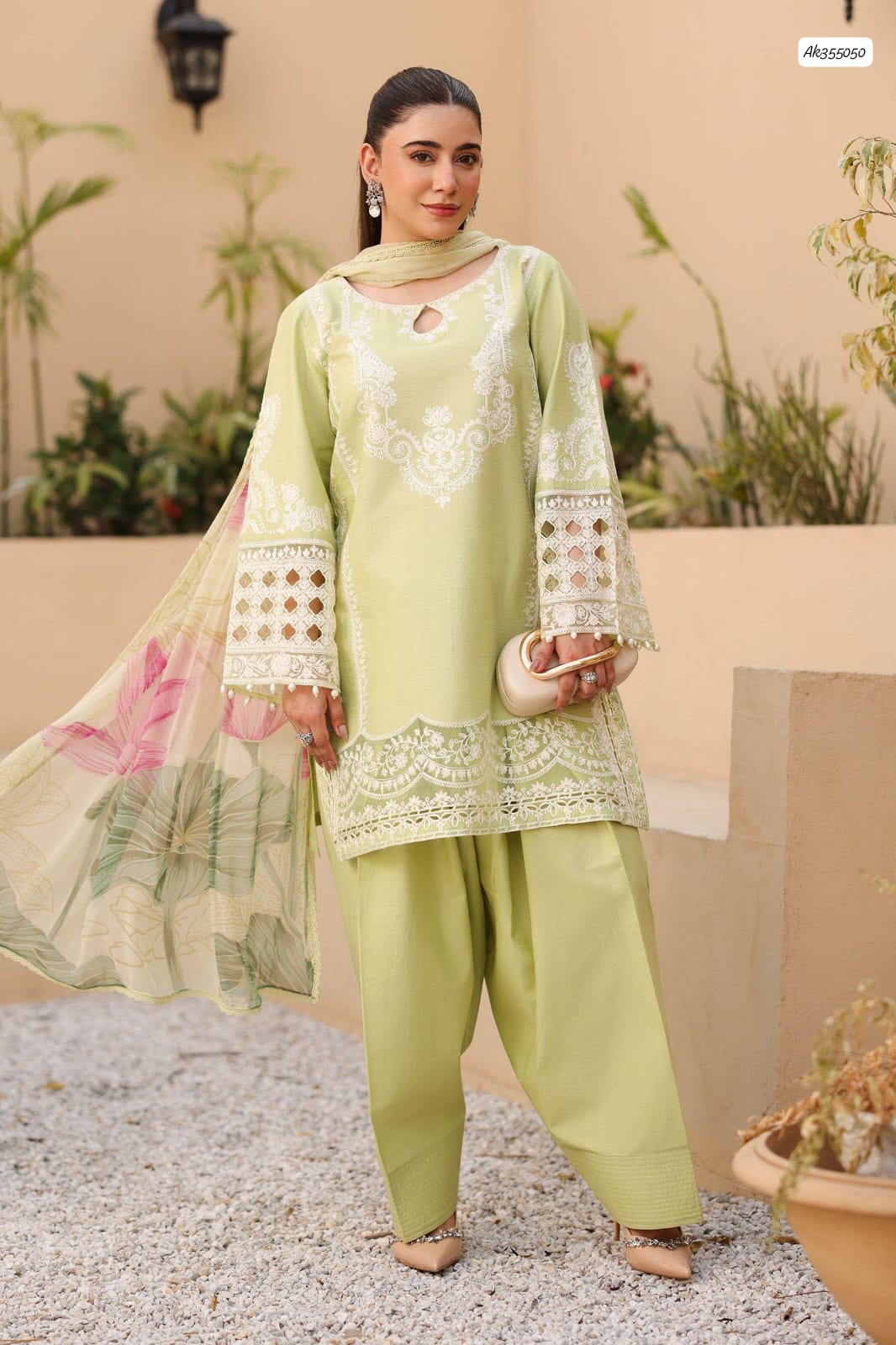 Embroidered 3-Piece Unstitched Suit with Cutwork Sleeves & Printed Dupatta – Pistachio Green