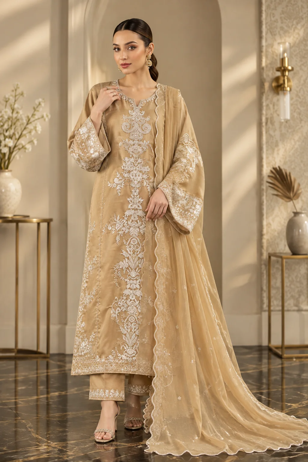 Premium Charmuse Silk 3-Piece Heavy Embroidered Suit with Chiffon Dupatta – Golden Beige