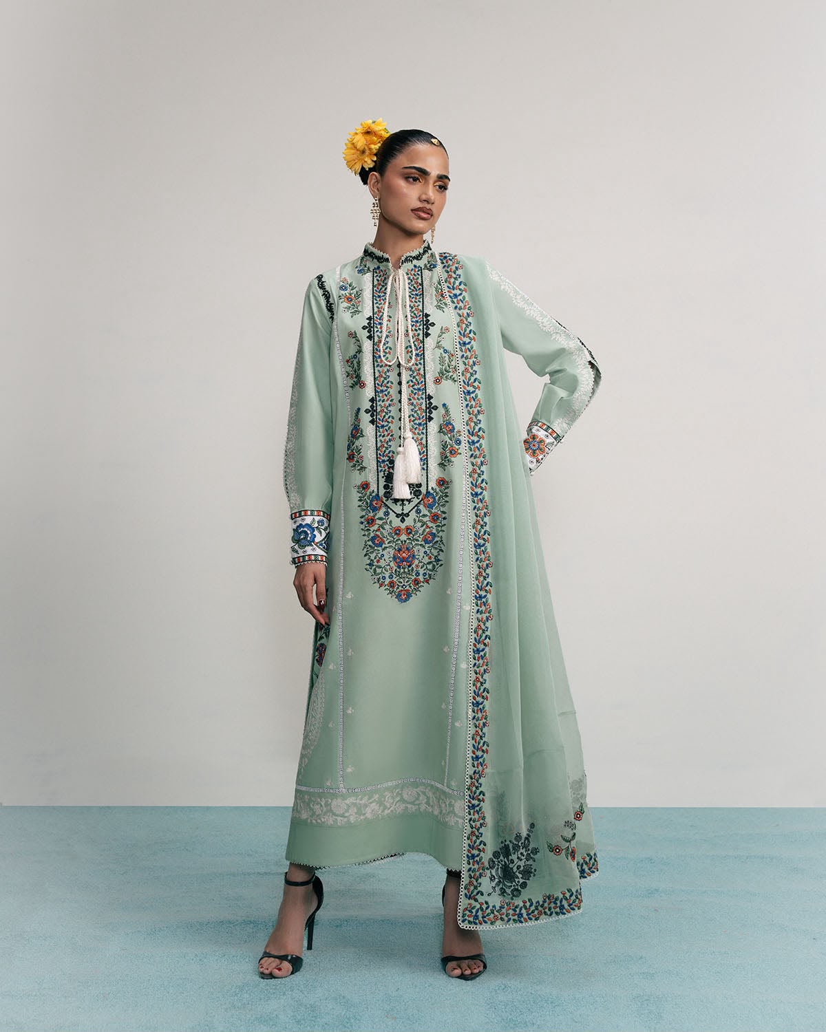 Pure Dhanak 3-Piece Heavy Multi Thread Embroidered Unstitched Suit with Ready-to-Wear Shawl – Mint Green