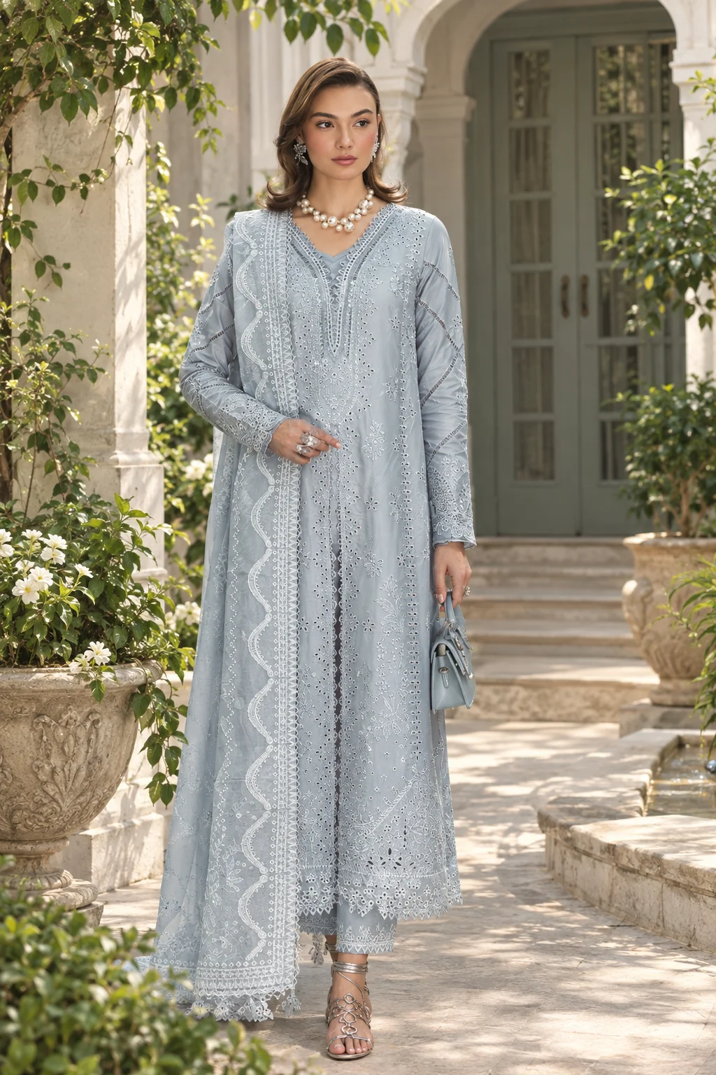 Qalamkar 1006 Luxury Winter Peachwool 3-Piece Heavy Embroidered Unstitched Suit with Ready-to-Wear Shawl – Powder Blue