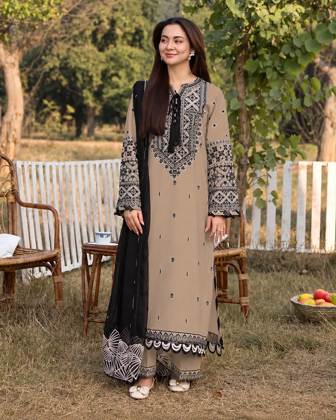 Qalamqar Dhanak Embroidered Hit Code 3-Piece Unstitched Suit with Embroidered Patch and Wool Printed Shawl – Mocha