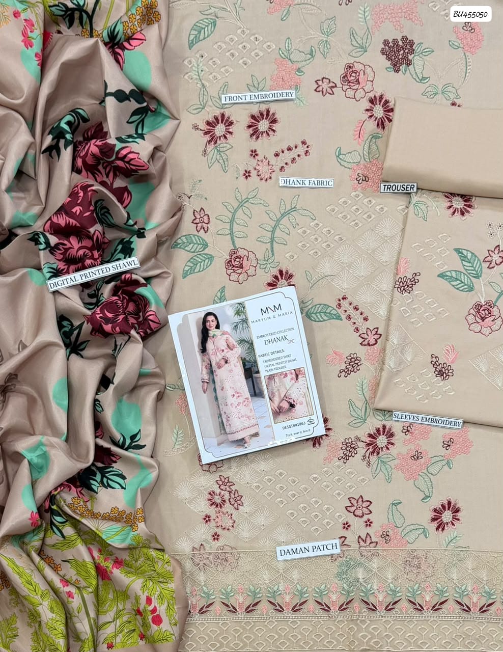 Rang Rasiya Winter Dhanak Embroidered Edition Premium Pure Dhanak 3-Piece Unstitched Suit with Printed Pashmina Shawl – Beige (view 3)