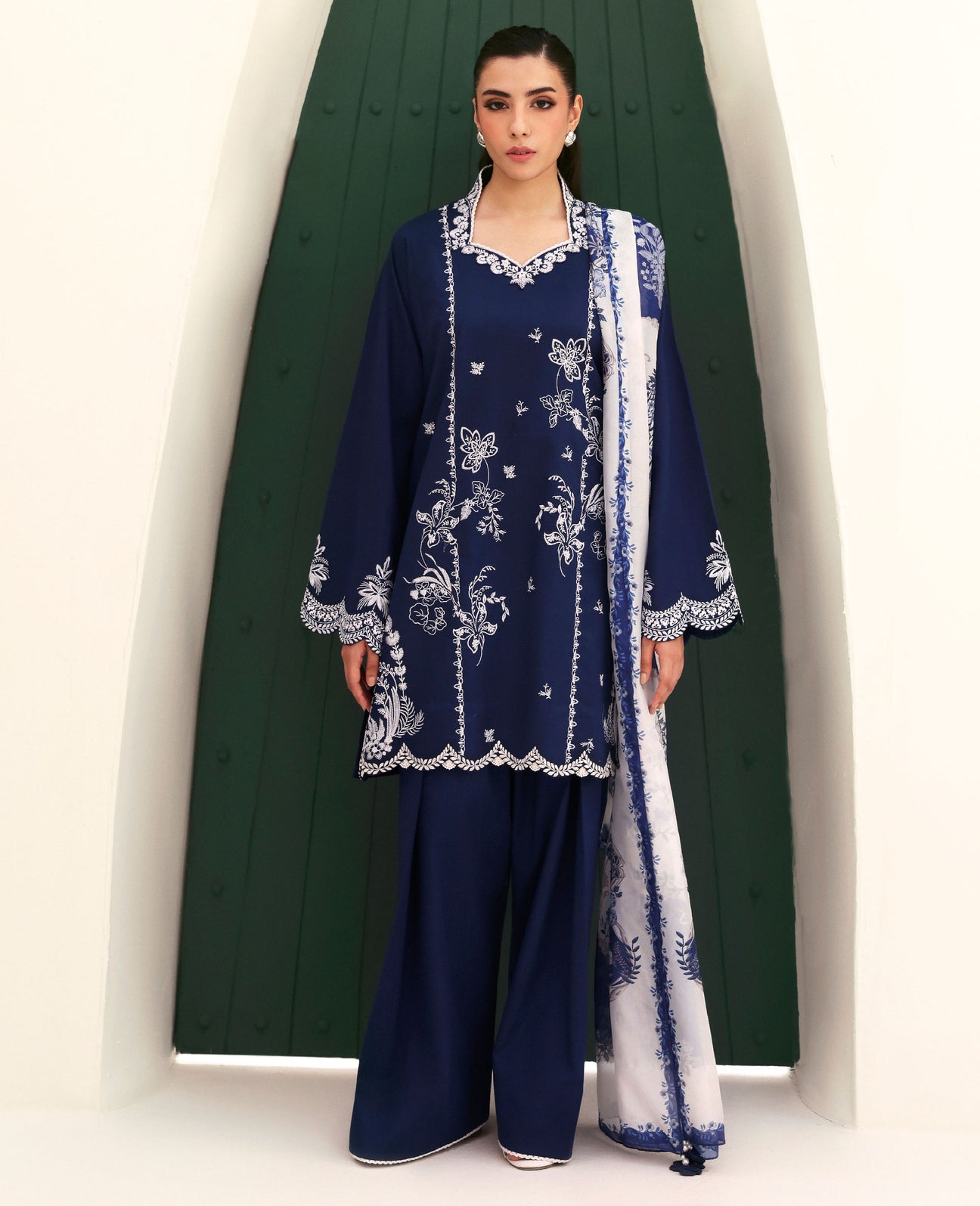 Republic 6219 Winter Collection Dhanak Heavy Embroidered 3-Piece Unstitched Suit with Digital Printed Woollen Shawl – Navy Blue