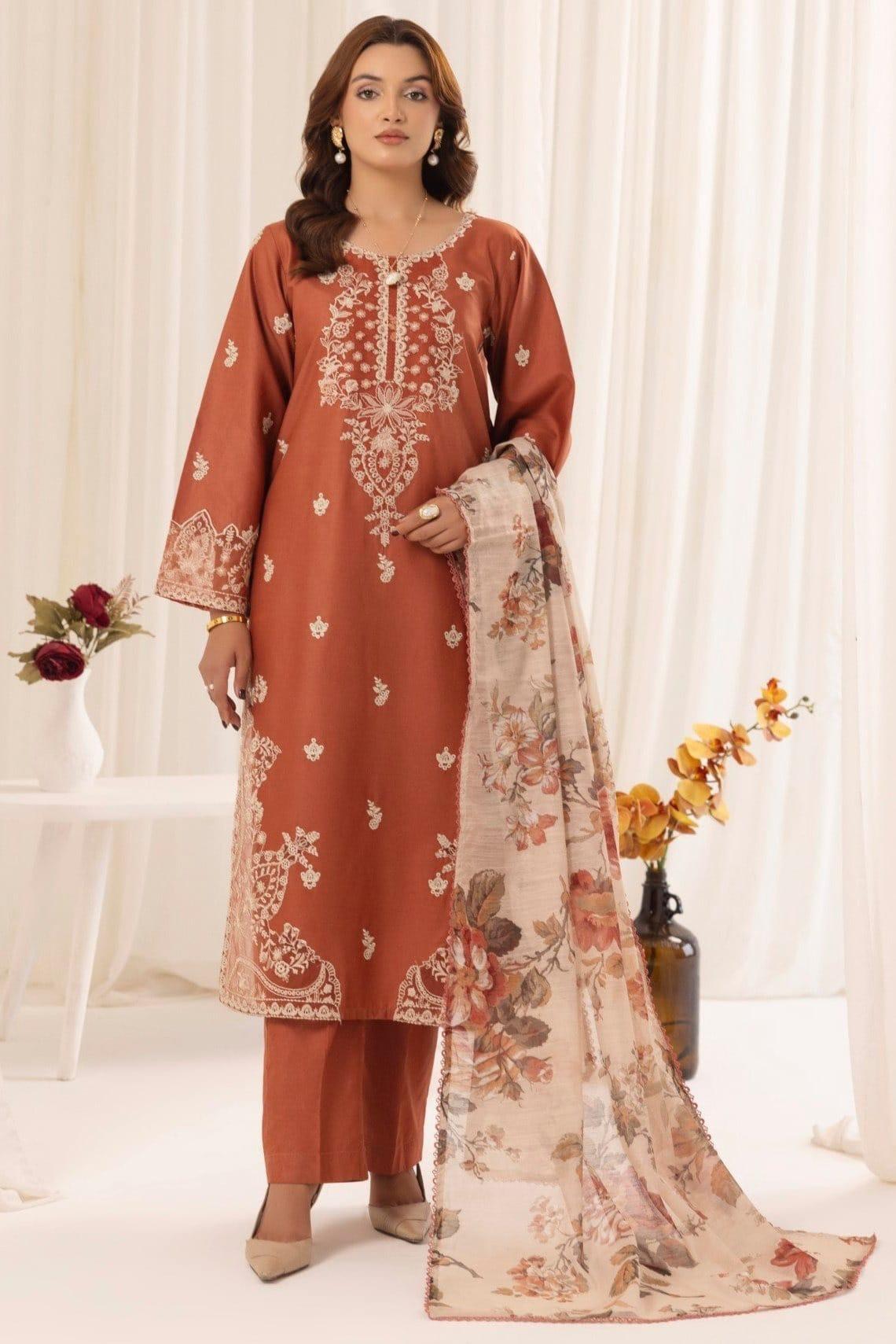Rust & Cream Embroidered 3-Piece Unstitched Suit with Floral Printed Dupatta