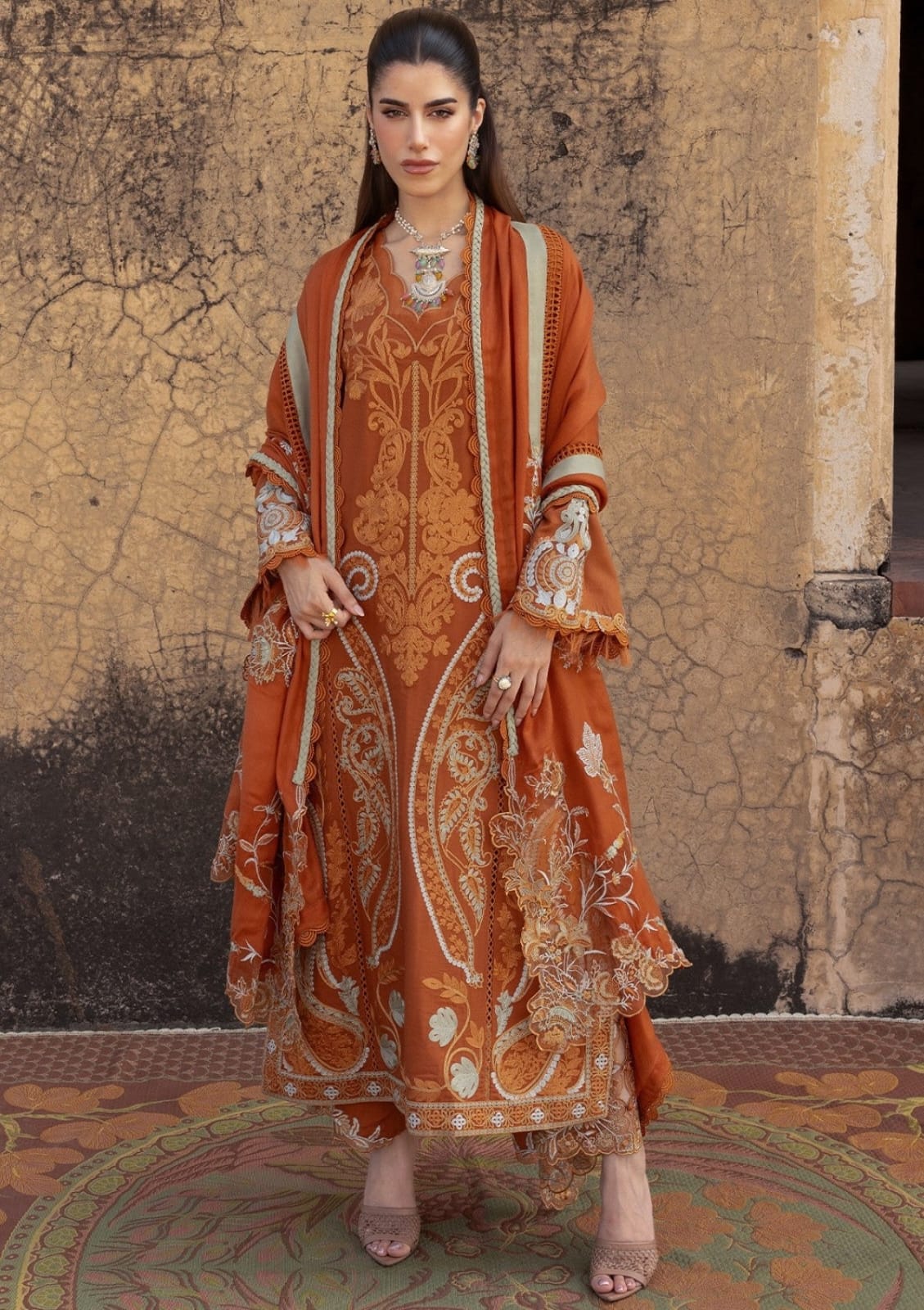 Saira Shakira 1007 Luxury Winter Peachwool 3-Piece Heavy Embroidered Unstitched Suit with Ready-to-Wear Shawl – Rust