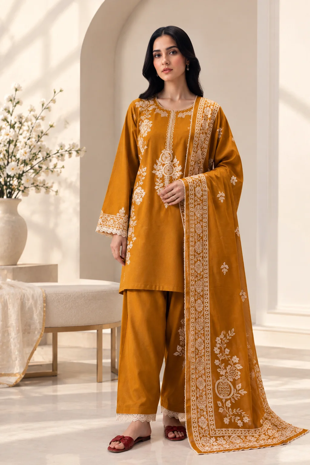 Sapphire Dhanak 3-Piece Embroidered Unstitched Suit with Digital Printed Shawl – D#266B Mustard