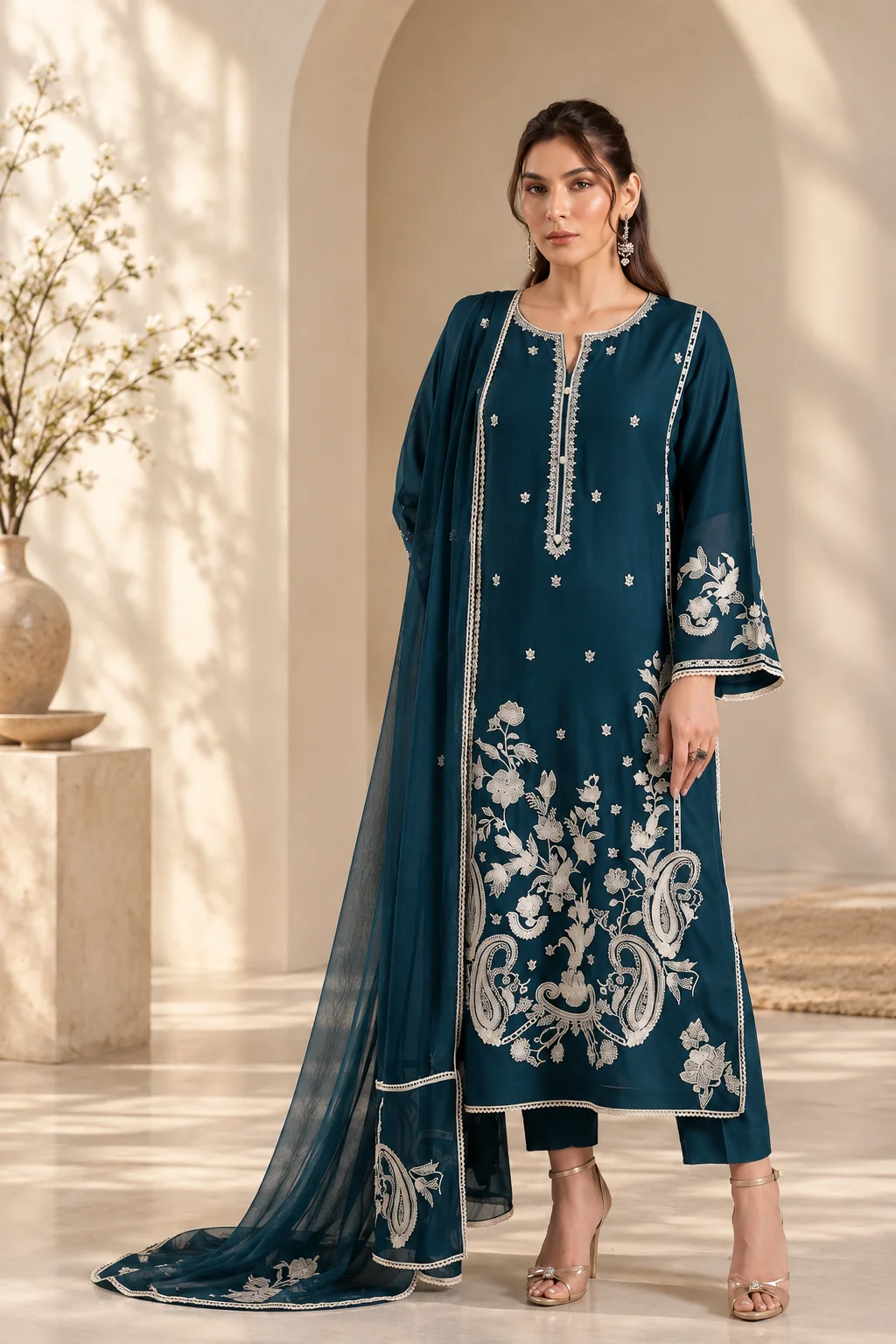Sapphire Dhanak 3-Piece Embroidered Unstitched Suit with Digital Printed Shawl – D#281A Teal Blue