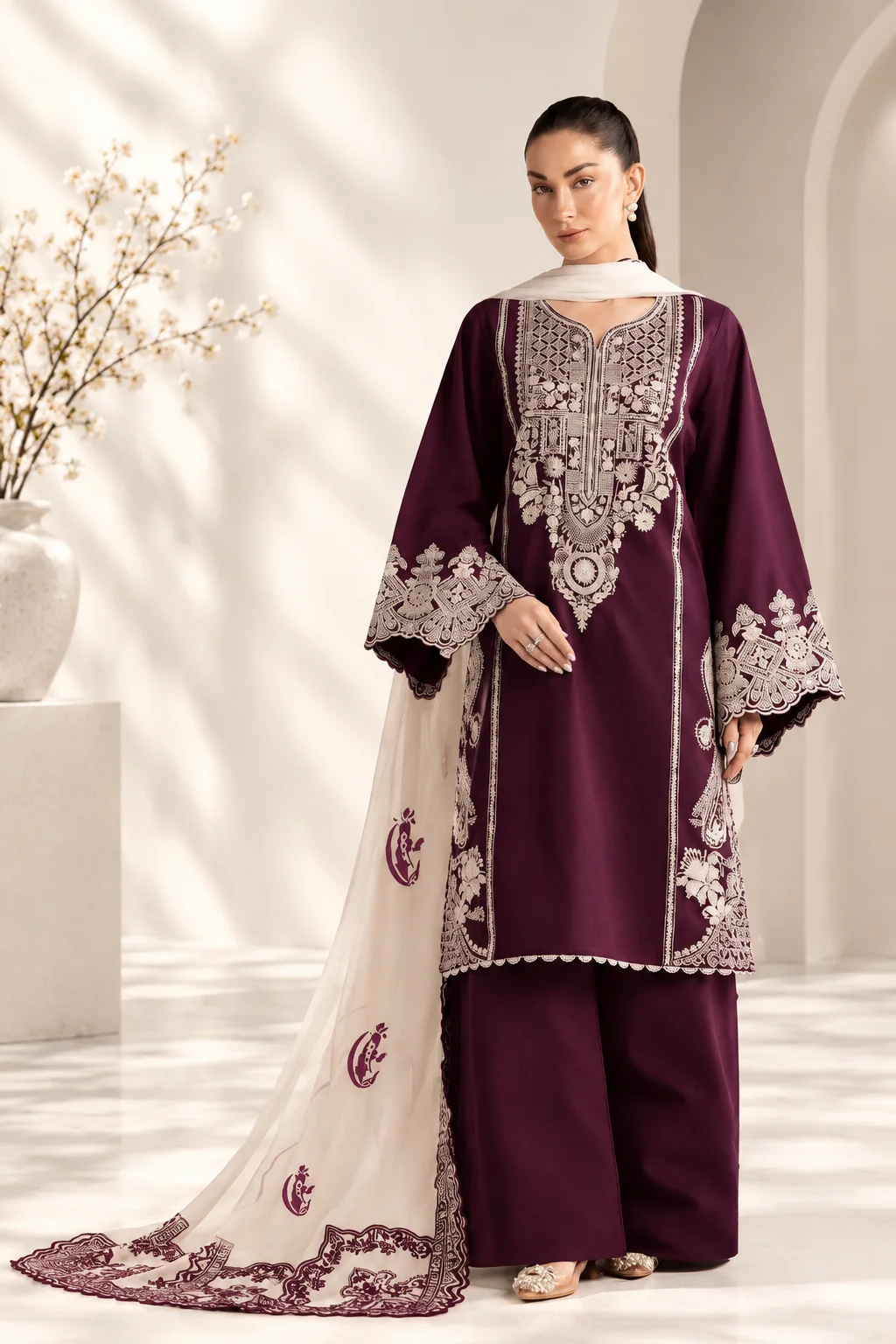 Sapphire Dhanak 3-Piece Heavy Embroidered Unstitched Suit with Digital Printed Shawl – D#284 Purple & Maroon