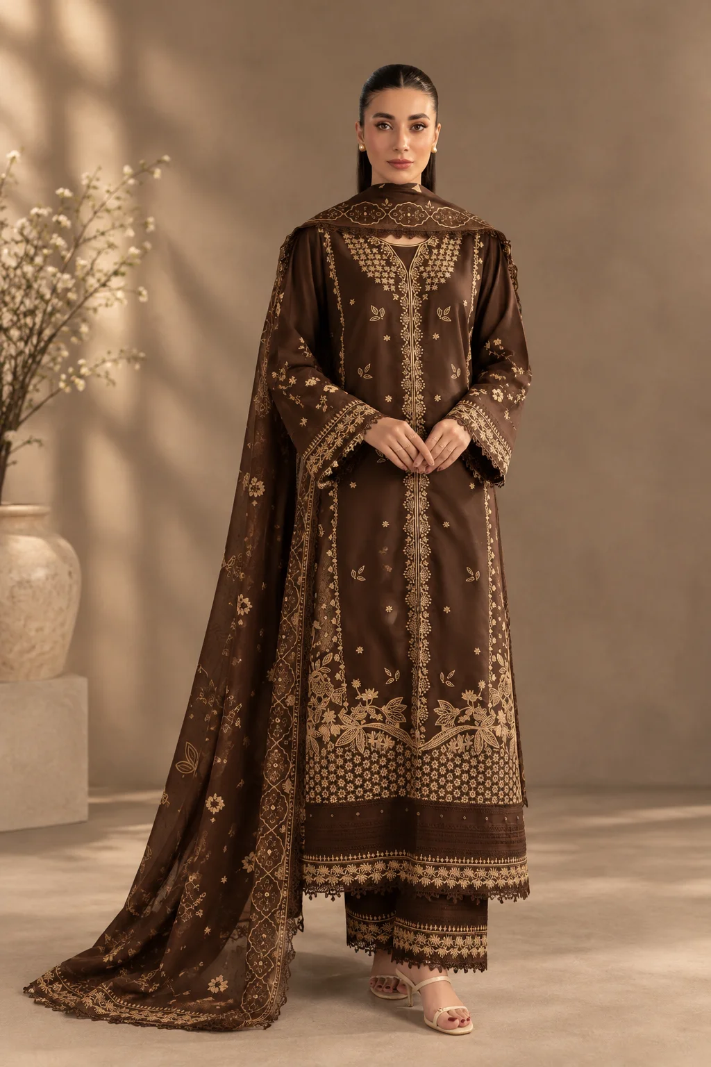 Sapphire Dhanak 3-Piece Embroidered Unstitched Suit with Digital Printed Shawl – D#294A Chocolate Brown