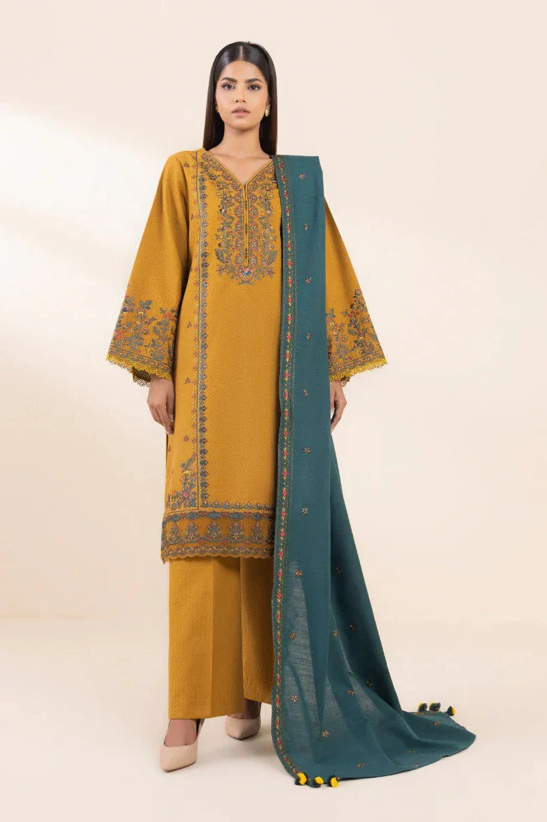 Sapphire Winter Dhanak 3-Piece Heavy Embroidered Unstitched Suit with Embroidered Shawl – Mustard Yellow