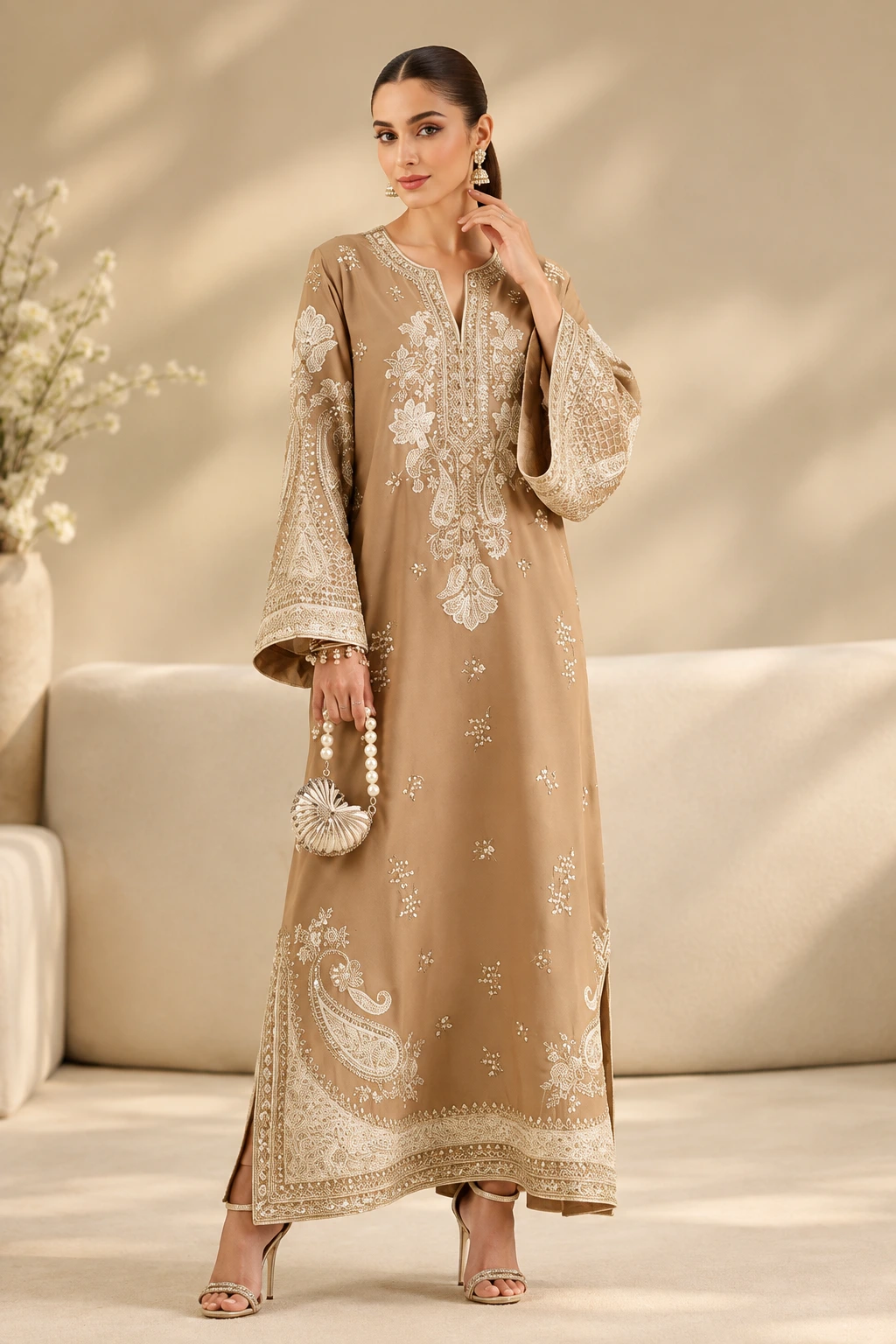 Shalmoz Silk 2-Piece Heavy Embroidered Suit – Beige