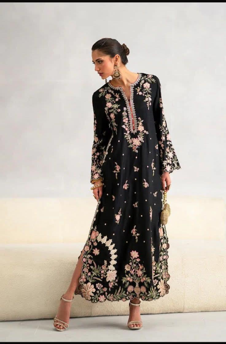 Silk 2-Piece Embroidered Kaftan – Black & Red