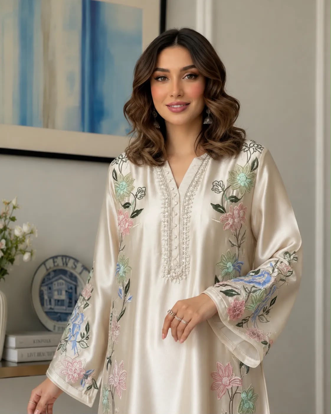 Silk Kaftan Luxury Collection 2026/27 Premium Shamoz Silk Multi Thread Embroidered 2-Piece Unstitched Suit – Ivory (view 2)