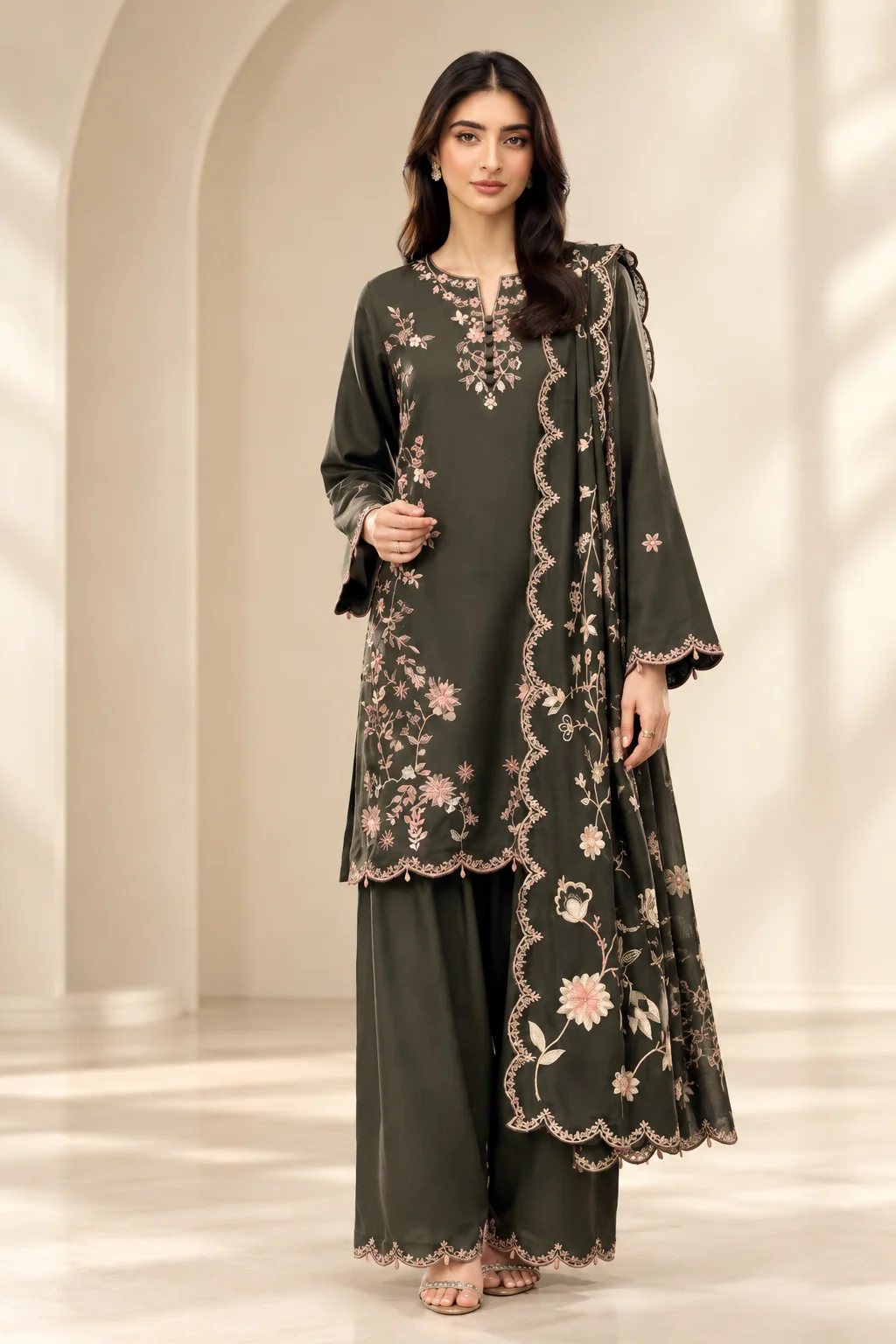 So Kamal Dhanak 3-Piece Embroidered Unstitched Suit with Digital Printed Shawl – D#213A Charcoal Olive