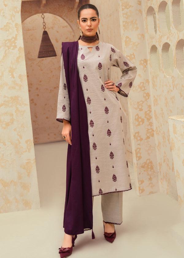 Stone Grey & Plum Embroidered 3-Piece Unstitched Suit with Tasselled Shawl
