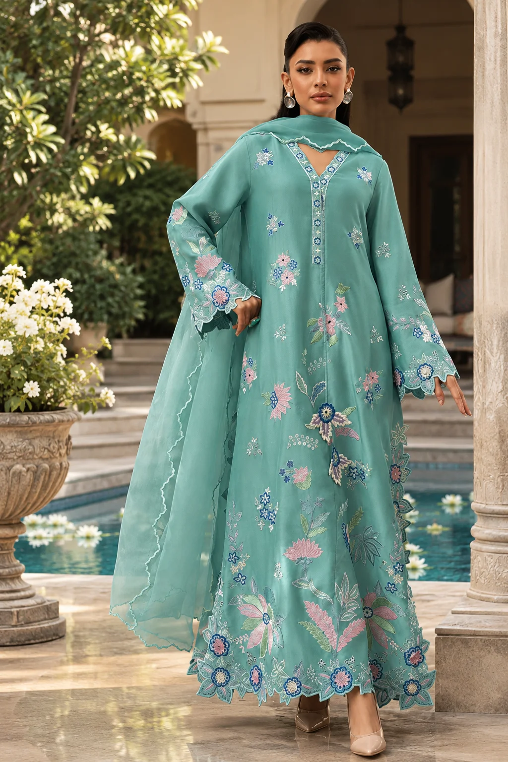 Sunnia Manahil 1033 Luxury Shamoz Silk 2-Piece Heavy Embroidered Unstitched Suit – Sea Green