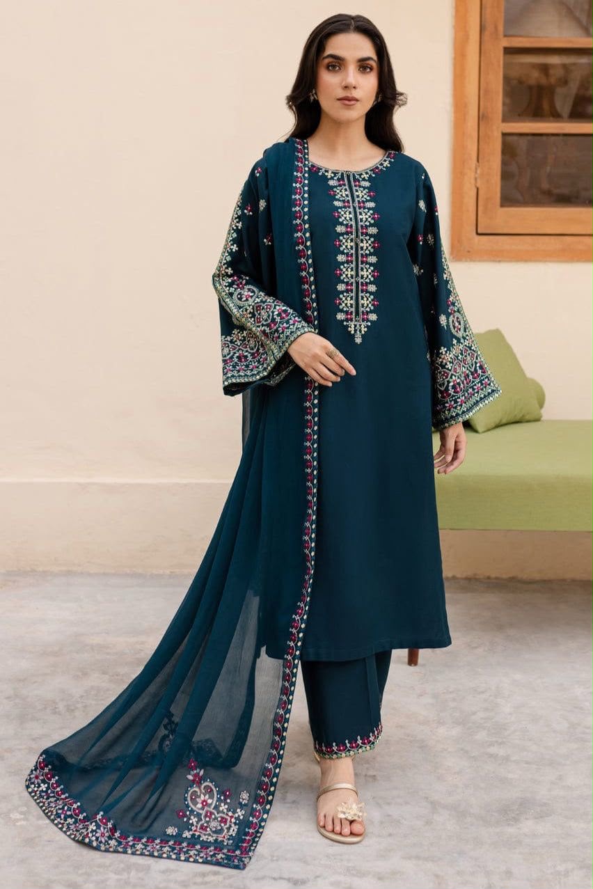 Embroidered 3-Piece Unstitched Suit with Embroidered Dupatta & Embroidered Border Trouser – Teal Blue