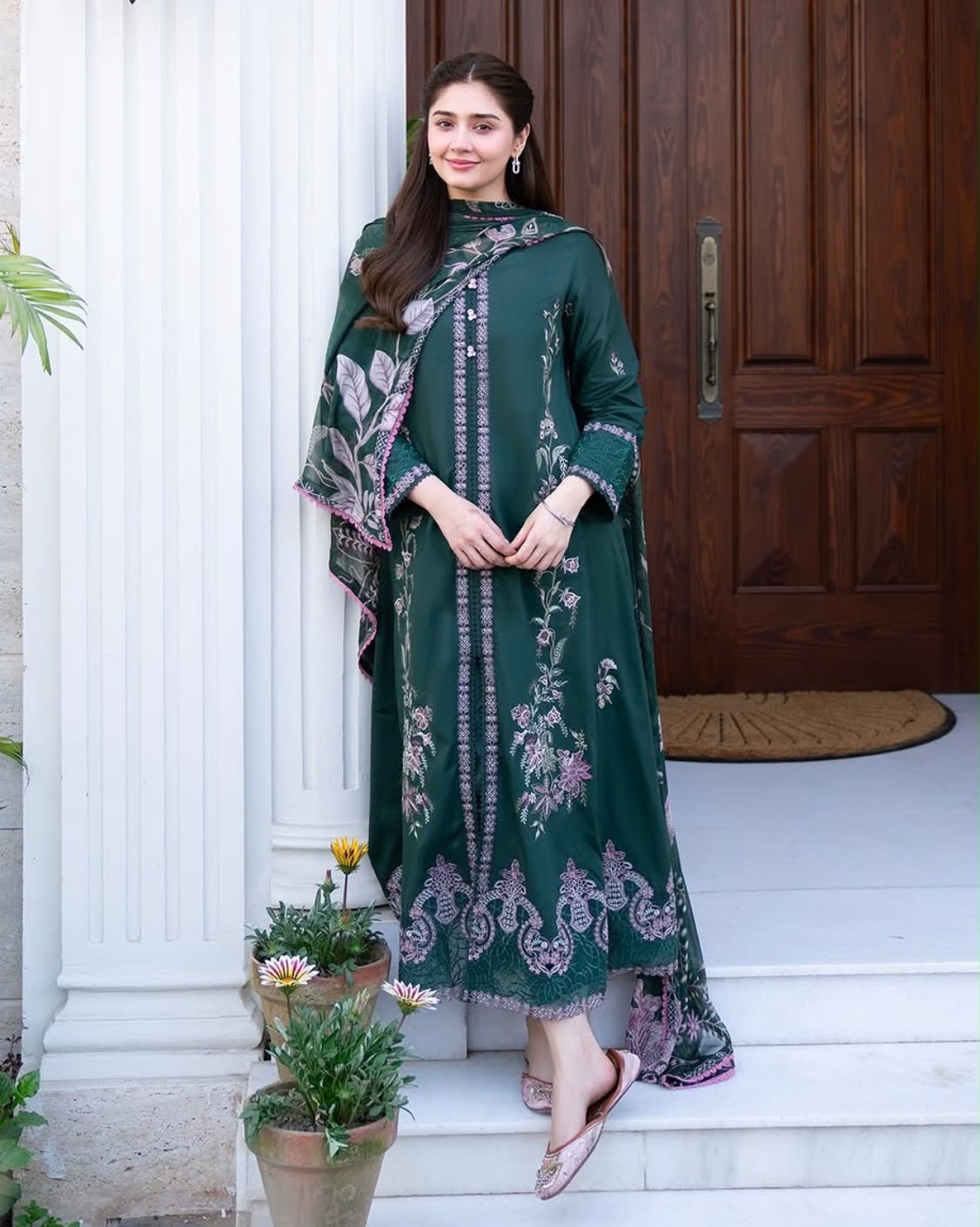 Urge Winter Collection 2026 Airjet Dhanak Heavy Embroidered 3-Piece Unstitched Suit with Digital Printed Pashmina Shawl – Dark Green with Mauve Floral Embroidery