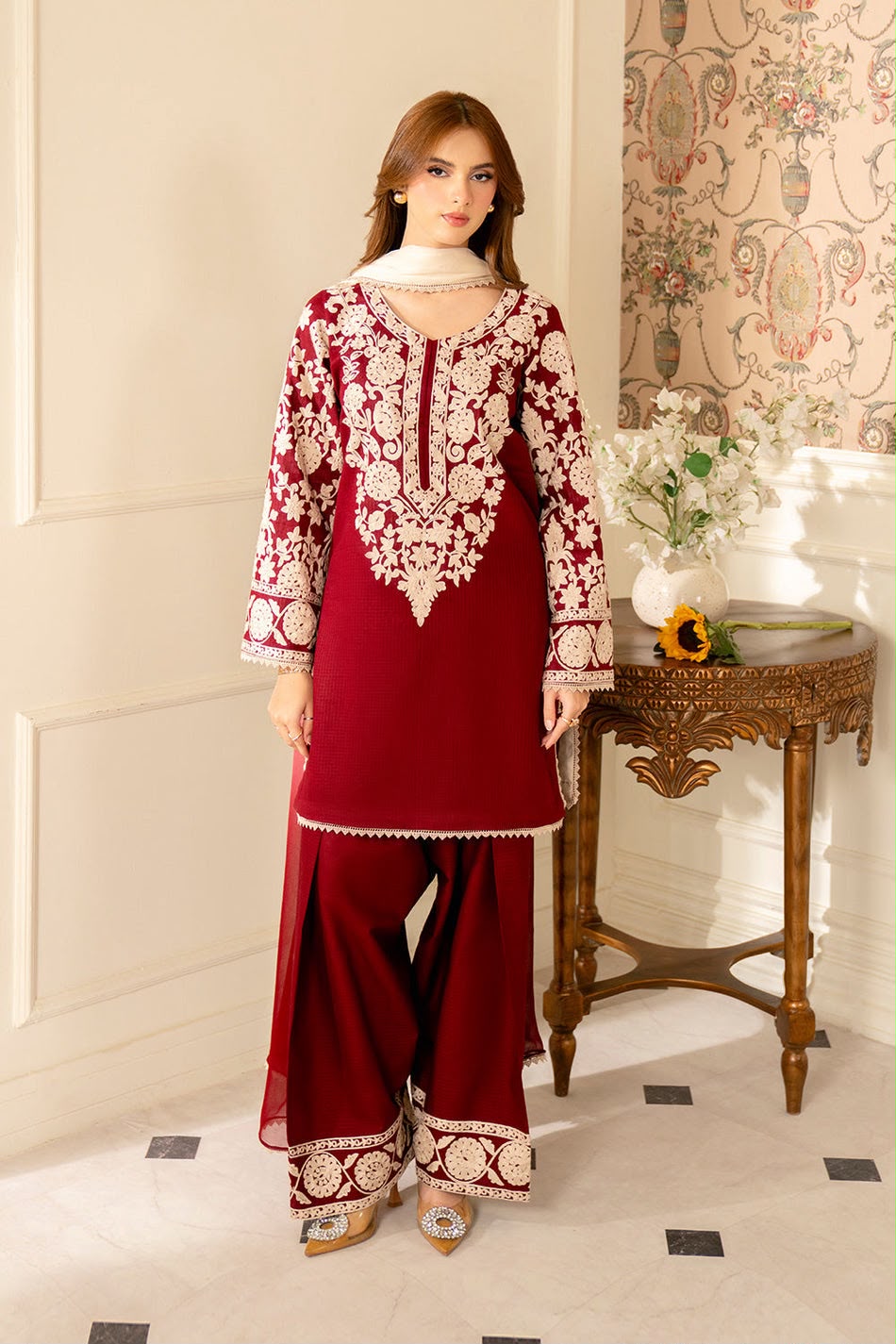 Urge Winter Collection 2026 Airjet Dhanak Heavy Embroidered 3-Piece Unstitched Suit with Embroidered Trouser and Digital Printed Pashmina Shawl – Red