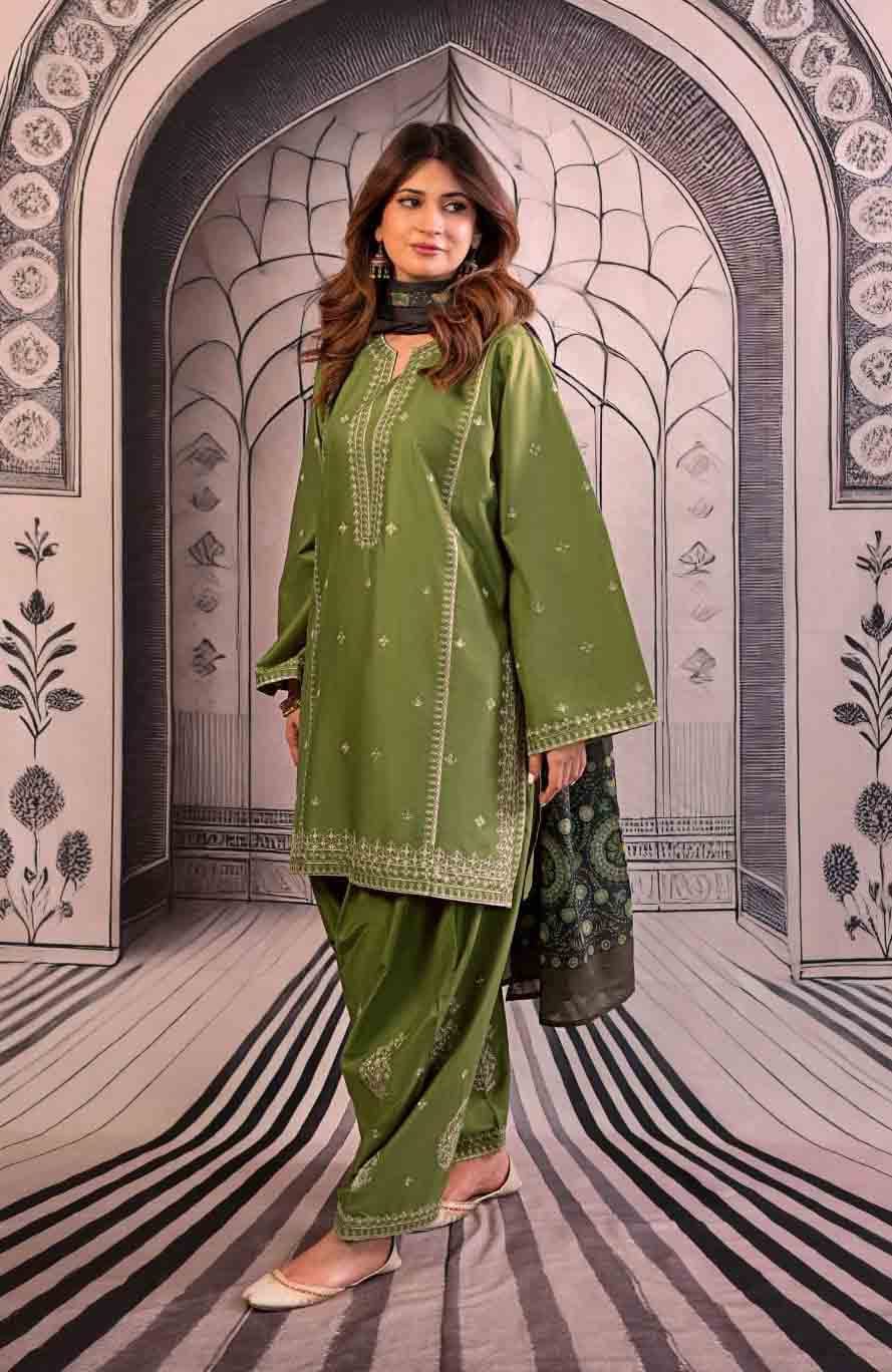 Urge Dhanak Embroidered Luxury 3-Piece Unstitched Suit with Printed Wool Shawl – Olive Green