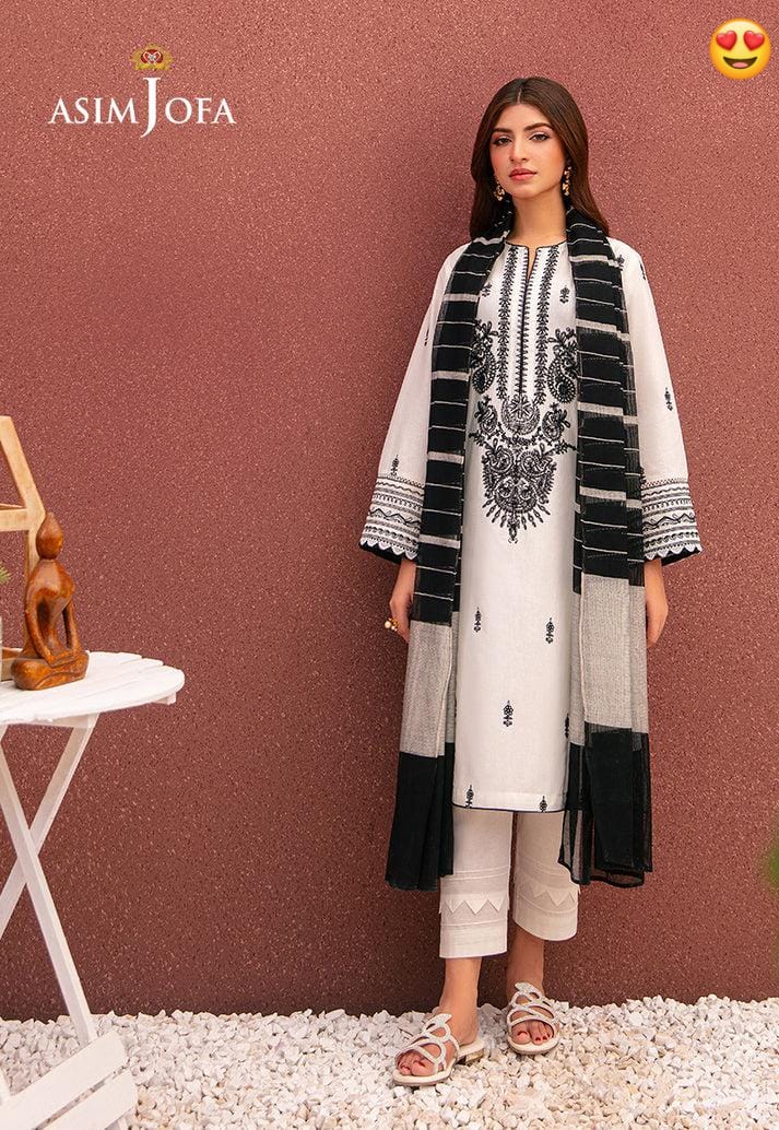White & Black Embroidered 3-Piece Unstitched Suit with Striped Dupatta