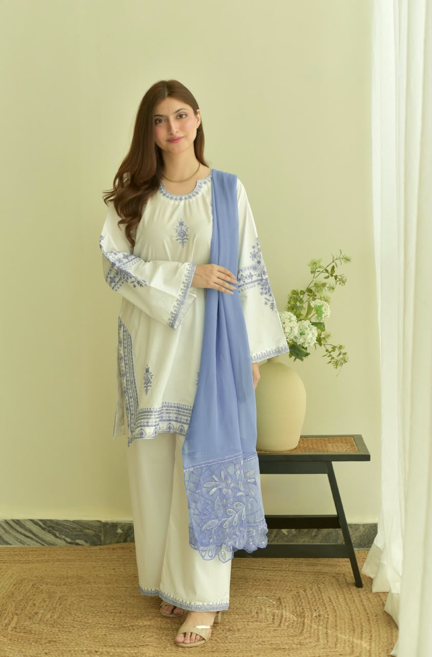 White & Periwinkle Blue Embroidered 3-Piece Unstitched Suit with Cutwork Border Dupatta