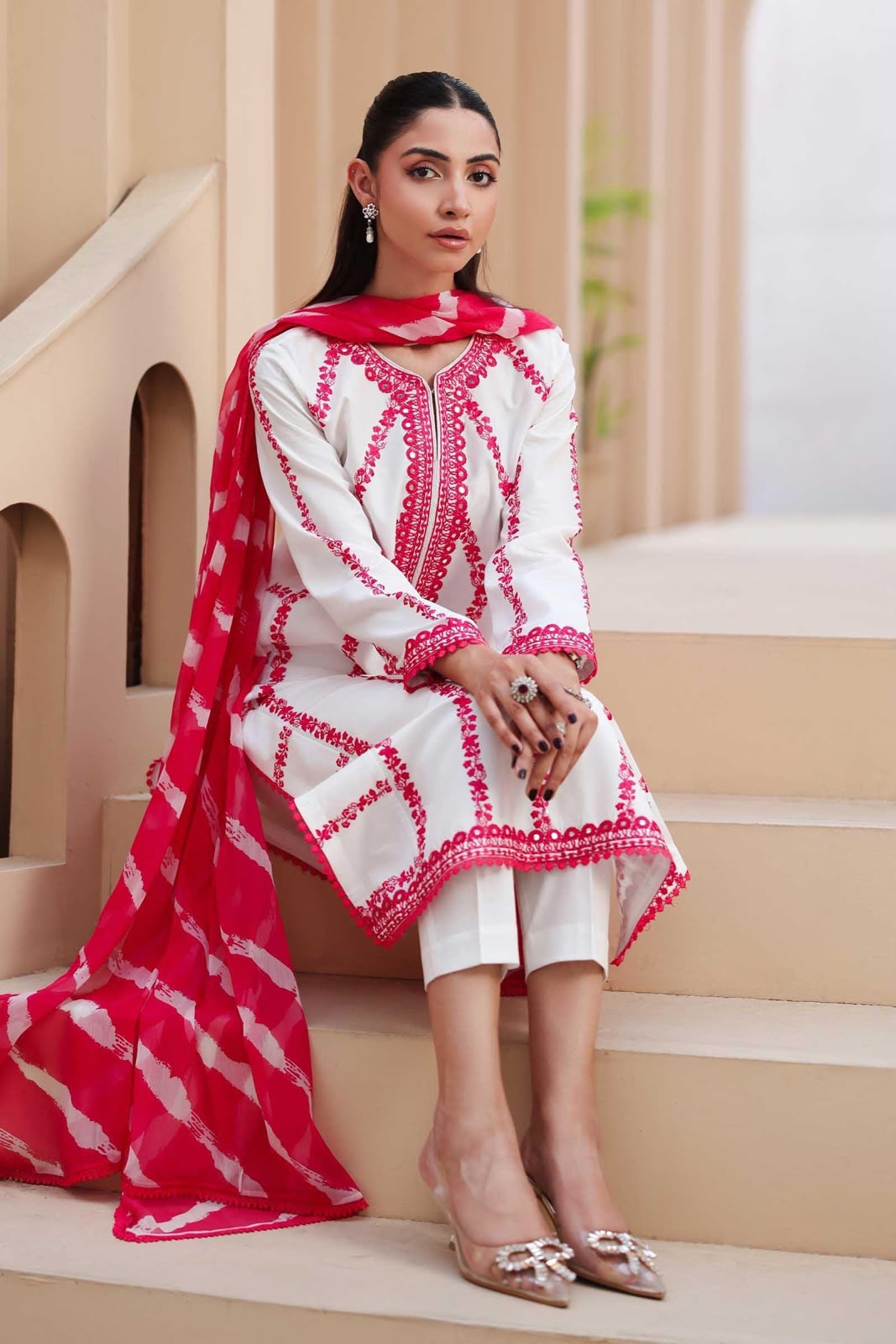 Embroidered 3-Piece Unstitched Suit with Printed Dupatta – White & Hot Pink