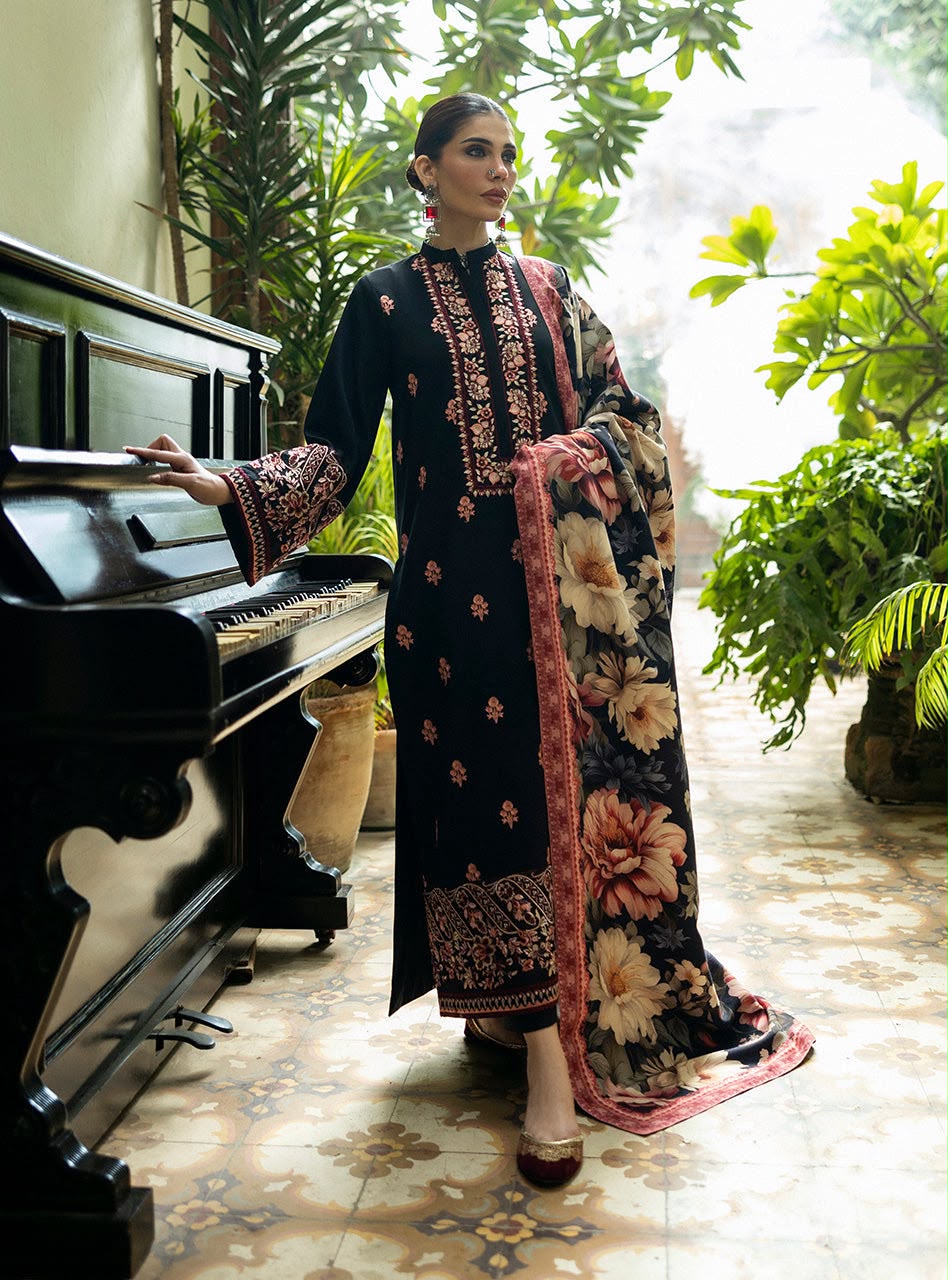 Zanib Chottani Winter Dhanak 3-Piece Embroidered Unstitched Suit with Digital Printed Shawl – Black