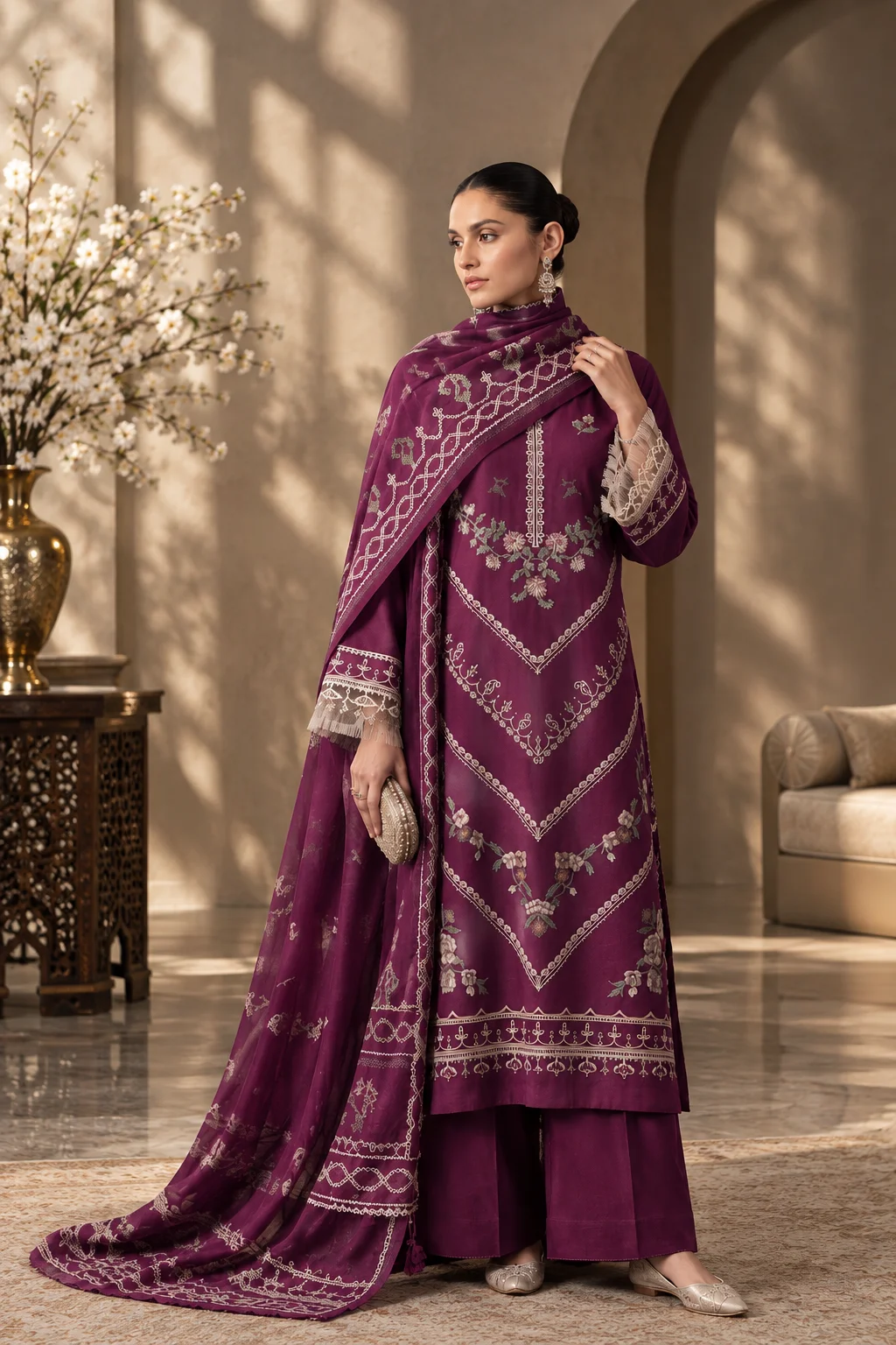 Zara Shahjahan Dhanak 3-Piece Embroidered Unstitched Suit with Digital Printed Shawl – D#346 Plum