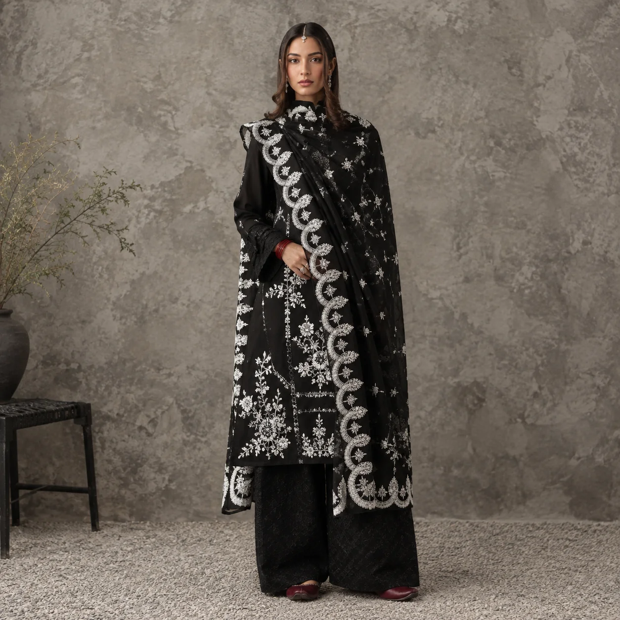 Zara Shahjahan Dhanak 3-Piece Heavy Embroidered Unstitched Suit with Embroidered Dupatta – YA-4200 Black