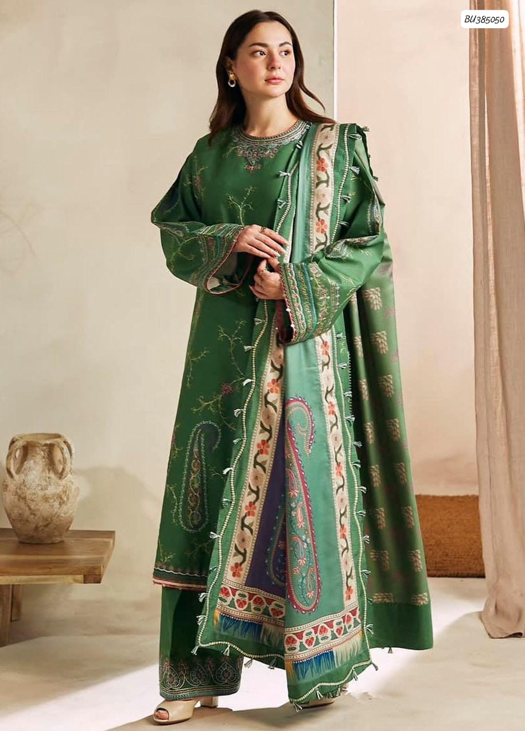 Zara Shahjahan Luxury Dhanak Winter Collection 2026 Heavy Embroidered 3-Piece Unstitched Suit with Pashmina Wool Shawl – Green (view 2)