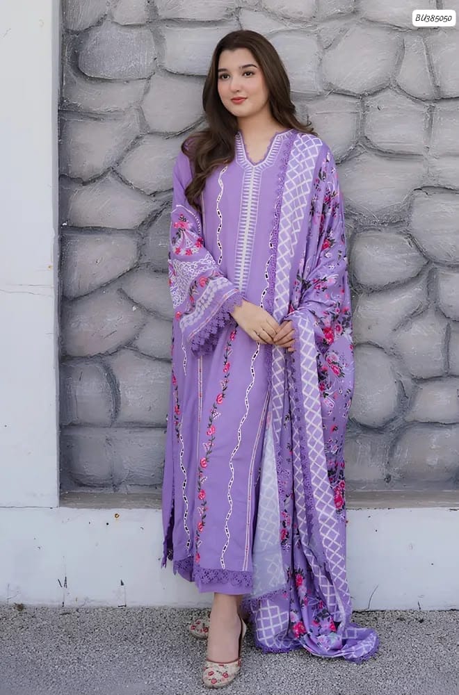 Zara Shahjahan Luxury Dhanak Winter Collection 2026 Heavy Embroidered 3-Piece Unstitched Suit with Pashmina Wool Shawl – Lavender