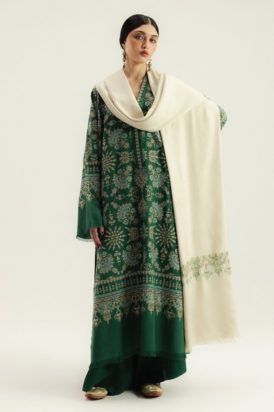 Zara Shahjahan Karandi Luxury Embroidered 2026 3-Piece Unstitched Suit with Printed Pashmina Wool Shawl – Emerald Green