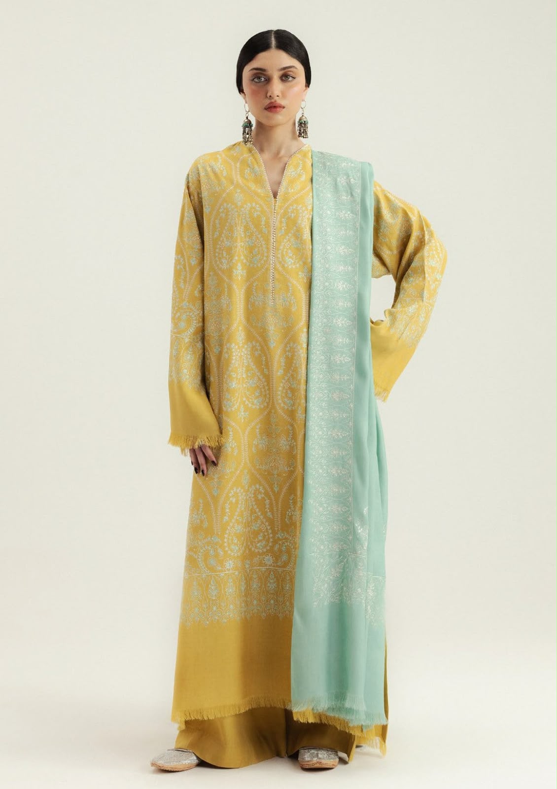 Zara Shahjahan Luxury Embroidered Karandi 3-Piece Unstitched Suit with Printed Pashmina Wool Shawl – Mustard Yellow