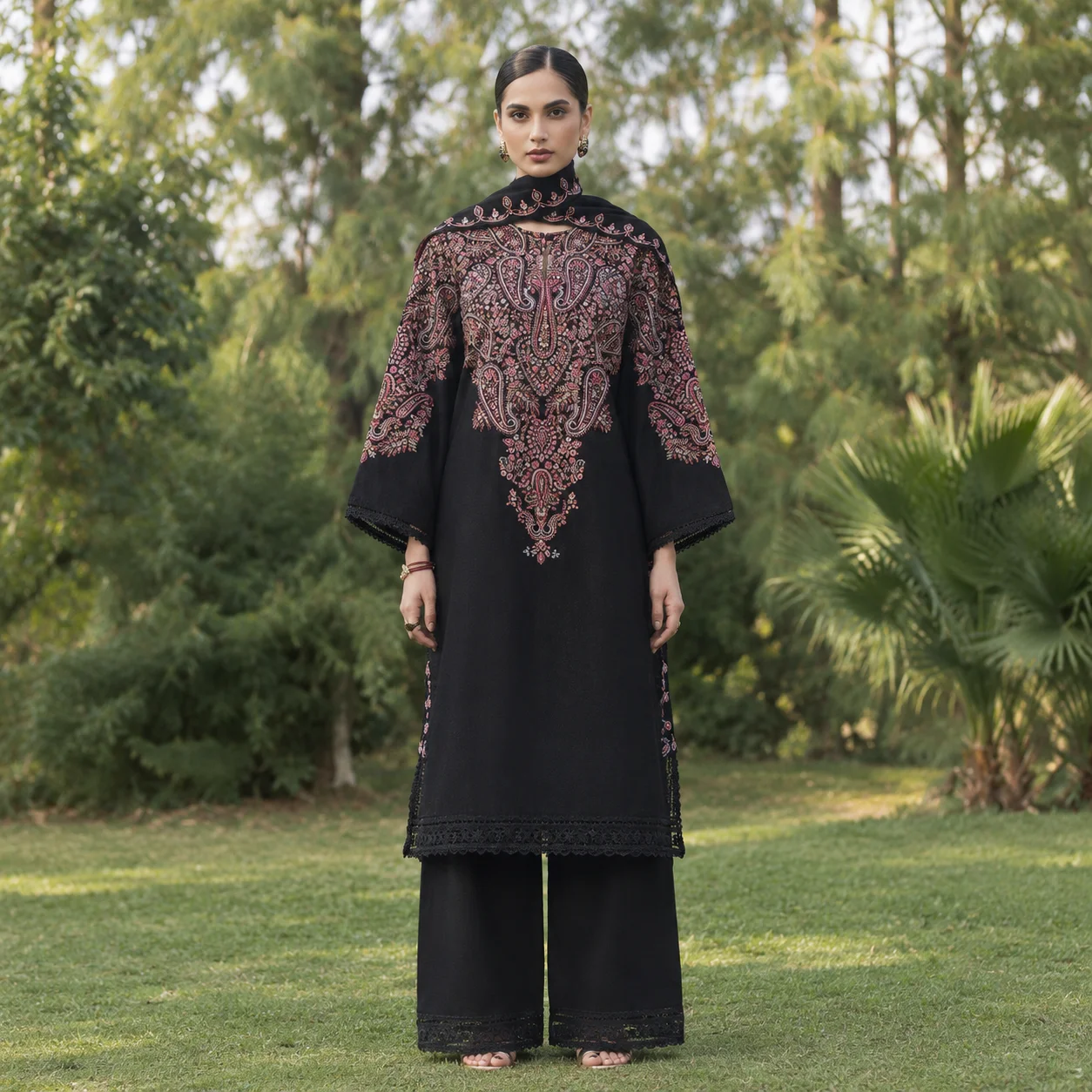 Zara Shahjahan Winter Airjet Dhanak 3-Piece Fully Embroidered Unstitched Suit with Embroidered Dhanak Shawl – Black