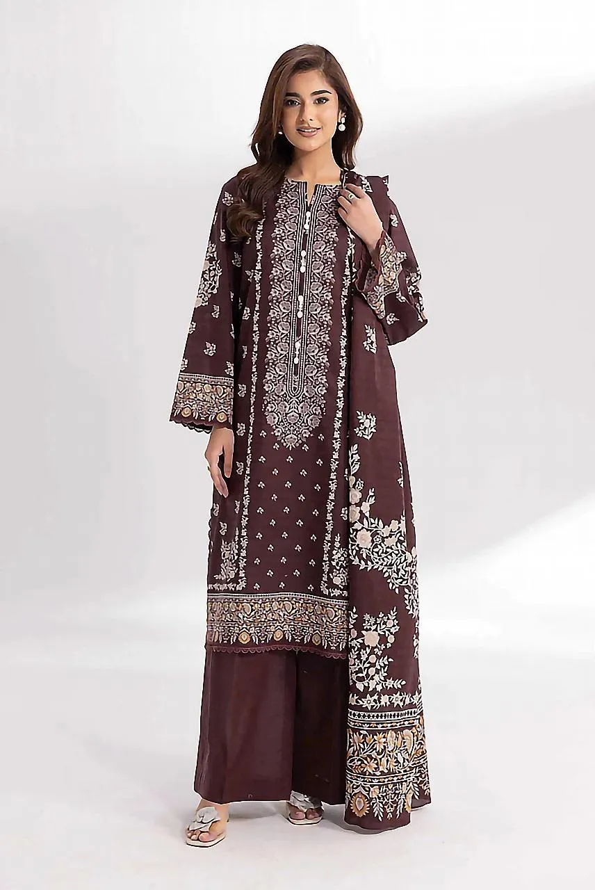Brown Printed 3-Piece Linen Suit for Women