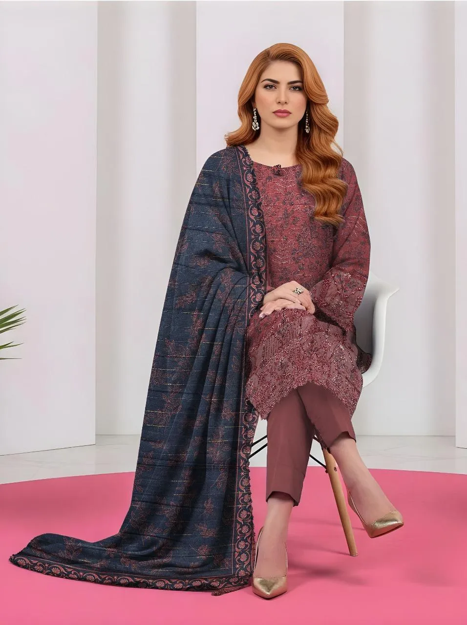 Maroon Printed 3-Piece Khaddar Suit for Women