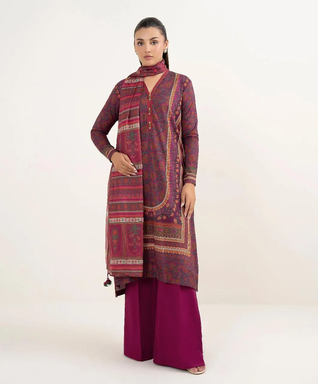 Women's Unstitched Linen Suit — Purple Winter Office Wear 3 Pcs